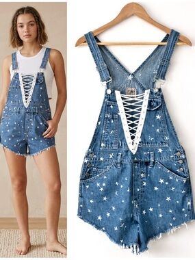 LF Furst of a Kind Vintage Reworked Calvin Klein Stars Denim Short Overalls Sz S